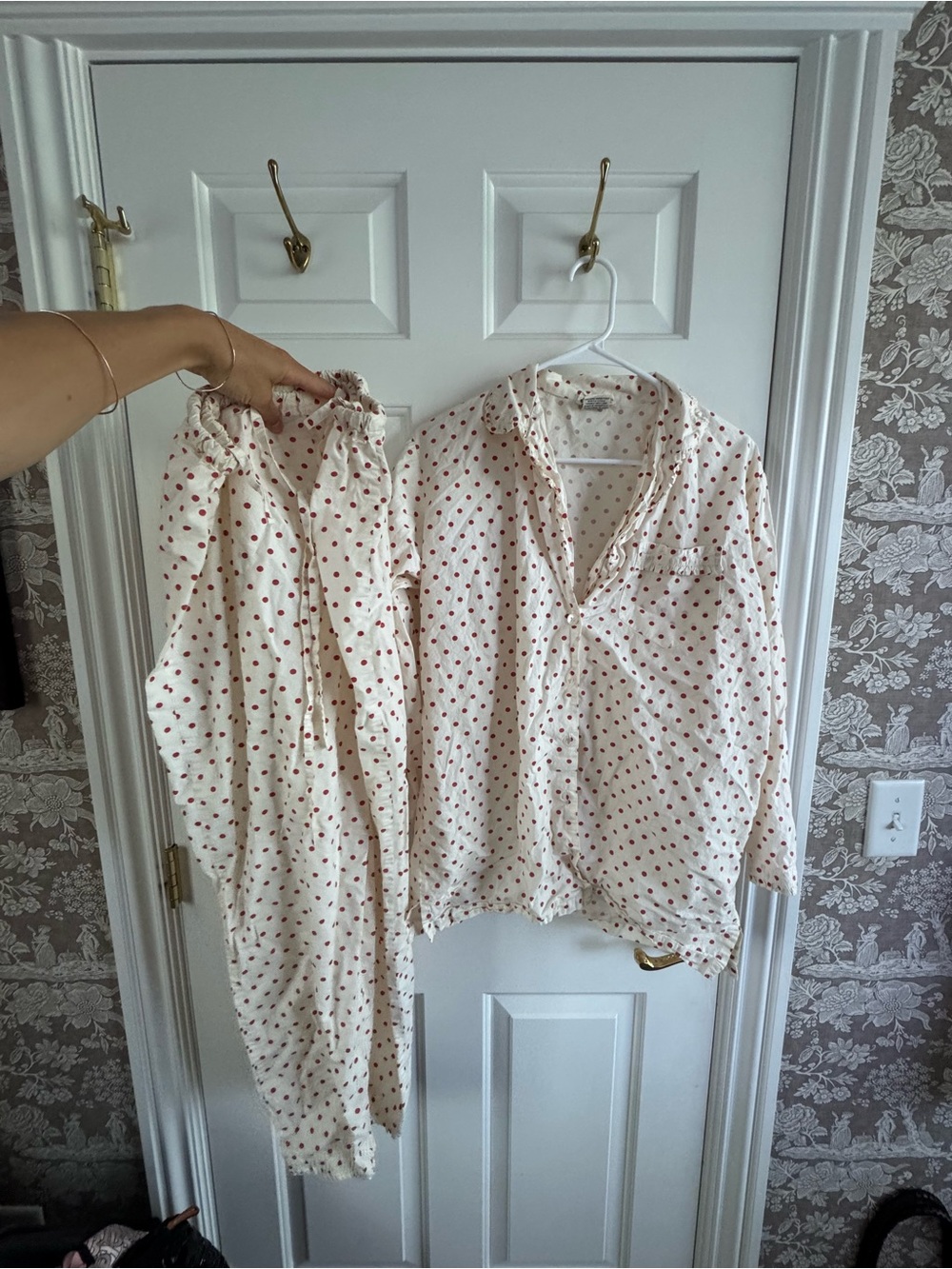 Women's Cream Pajama Set with Red Dot Print